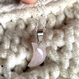 Crescent shaped Rose quartz sterling silver necklace pink